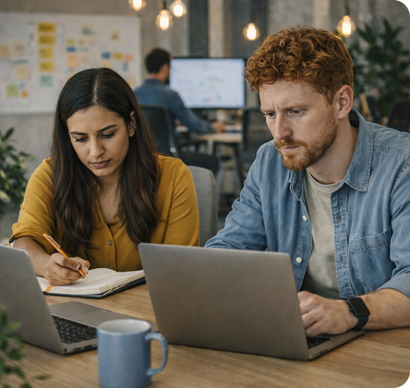 Two colleagues focused on their laptops while taking notes in a workspace