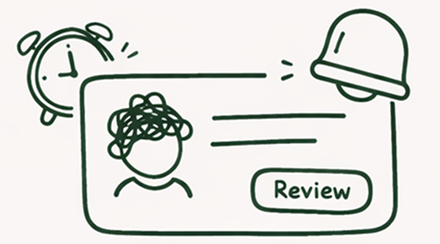 Hand-drawn illustration of an alarm clock ringing next to a review card with a bell icon