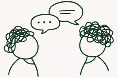 Hand-drawn illustration of two people exchanging speech bubbles