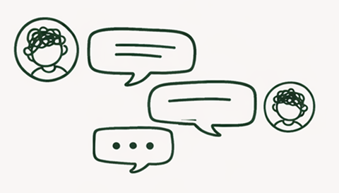 Hand-drawn illustration of two people exchanging multiple speech bubbles